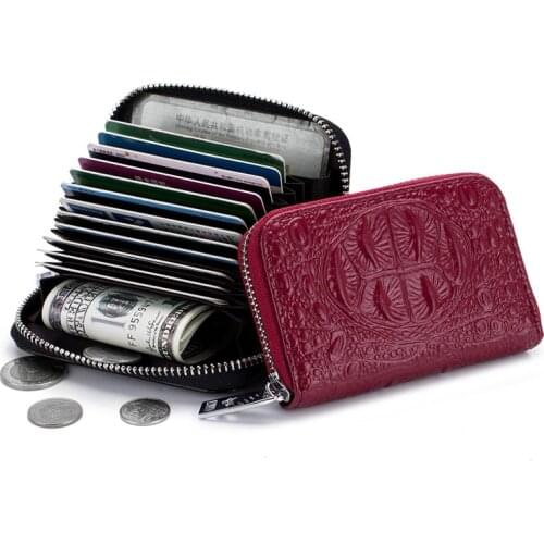 Card Holder Cow Leather Women Credit Card Holder Red Blue Pink Black Purple Coffee Zipper Lady Bag Female Wallet Card Case Bag