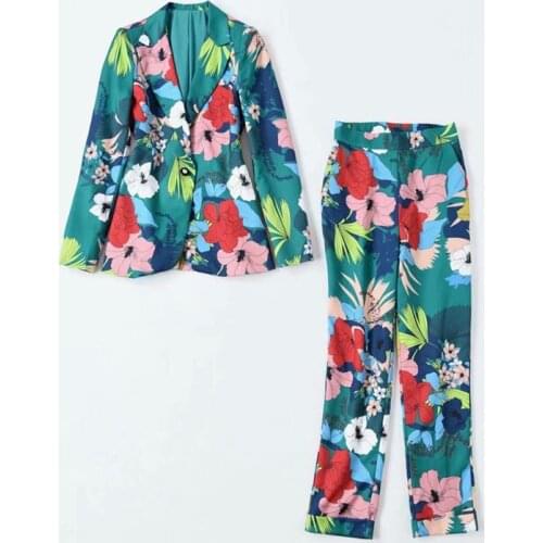 New HIGH QUALITY 2021 Designer Runway Suit Set Womens Long sleeve Blazer Long pant Floral Pant Suit