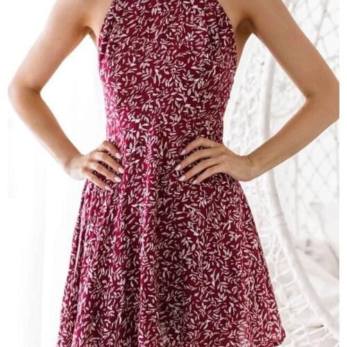 2021 Summer Female Sexy Halter Wrapped Chest Feature Halter Print Lace Sleeveless Slim Fashion Red Mid-length Dress