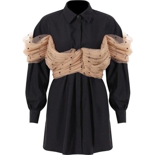 SeeBeautiful Contrast Color Stitching Mesh Lace Up Loose Dress Lapel Long Sleeve New Fashion Summer Autumn 2021 Woman G068