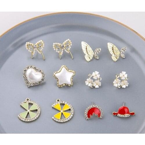 6pcs womens Earrings Fairy Wild Rhinestone Imitation Pearl Love Star Butterfly Stud Earrings Animal Sweet Diy Jewelry Material