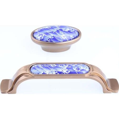 96mm european vintage fashion spray ceramic wine cabinet drawer pulls knobs blue and white porcelian dresser door handles bronze