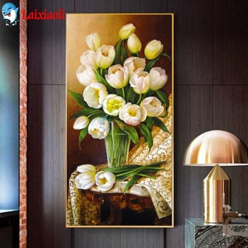 White Tulip 5D Diy Diamond Painting Full Square Round Drill Embroidery Vase of flower Mosaic Cross Stitch Living Room Decoration