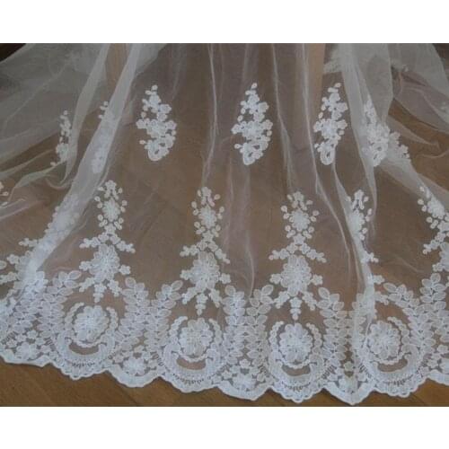 White Floral Embroidery Lace Fabric By Yard, Vintage Scalloped Tulle Fabric, Bridal Lace Fabric, Christening Dress Fabric