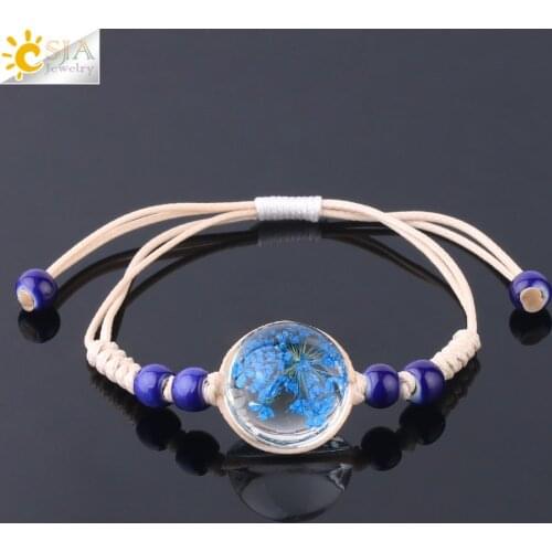 CSJA Glass Ball Weave Bracelet Pink Purple Blue Dried Flower Ceramics Beads Rope Chain for Women Girls Fashion Jewelry Gift F728