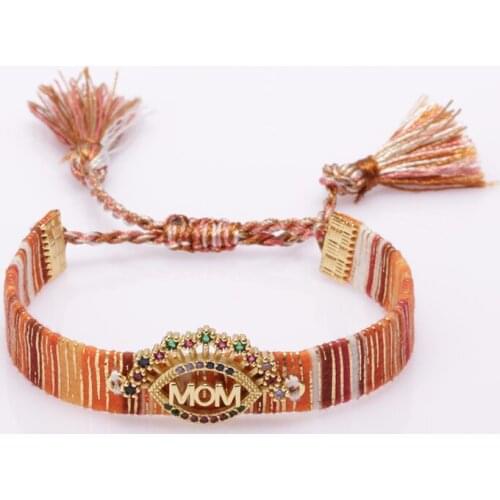 Rainbow cz paved eye eyelash MOM letter tag charm on orange tune soft cotton silk wristband adjustable gold bracelet for woman