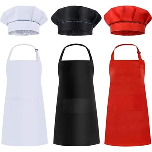 HOT SALE 6 Pcs Kids Aprons and Hats Set Children Chef Aprons for Cooking Baking Painting Aprons White + Black + Red