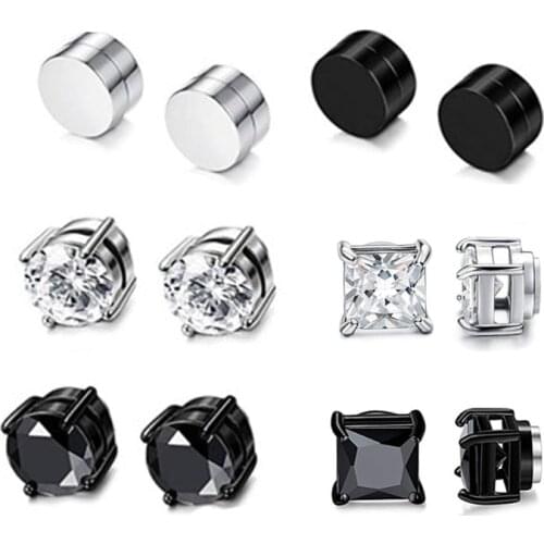 Hot Fashion Women Men Punk Color Black Magnet Stainless Steel White Black Zircon Earless Round Magnet Stud Earrings Jewelry
