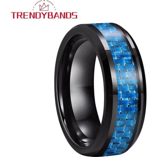 8MM Tungsten Carbide Rings Wedding Band For Men Women Black Blue Carbon Fiber Inlay Polished Shiny Beveled Edges Comfort Fit