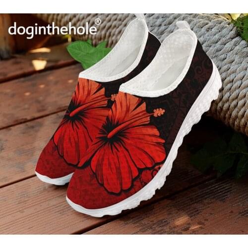 Doginthehole Hawaii Hibiscus Floral Print Womens Casual Flat Shoes Lightweight Slip On Mesh Running Sneaker Breathable Footwear