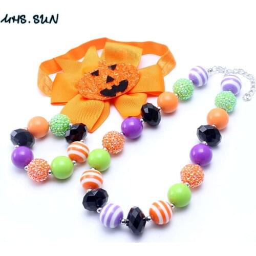MHS.SUN Halloween Style Girls Kids Chunky Beads Necklace Bracelet Hairbands Cute Festival Bubblegum Jewelry Set For Gifts