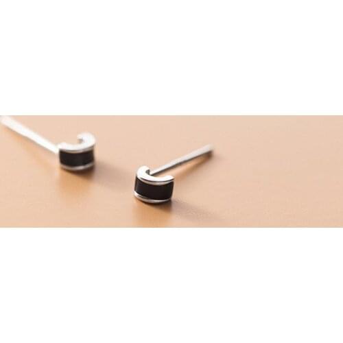 MloveAcc Real 925 Sterling Silver White/Black Enamel Half Circle Stud Earrings for Girl Silver Jewelry
