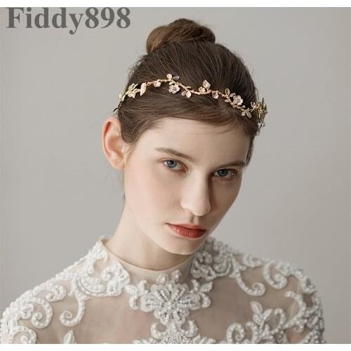 Fashion Wedding Headpiece Gold Floral Bridal Headwear Pearls Beaded Wedding Headpiece Baroque Bridal Hair Jewelry HD75
