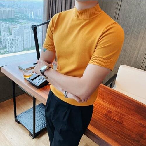 Casual Self-cultivation High Lead Neck Knitting Men Sweater Spring summer Autumn Leisure Solid Color Male Short sleevePullover