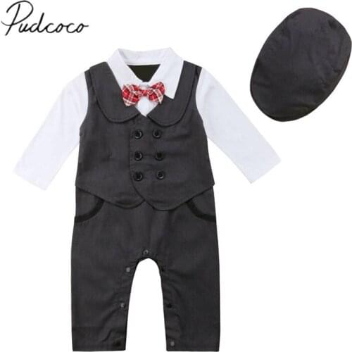 2018 Brand New Toddler Baby Boy Formal Suit Party Wedding Tuxedo Gentleman Romper Bow Tie Jumpsuit +Hats Autumn Outfit 0-24M