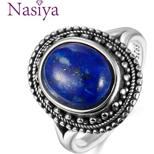 Nasiya New Vintage Oval Blue Lapis Rings For Women Antique 925 Sterling Silver Jewelry Engagement Anniversary Wedding Party Gift
