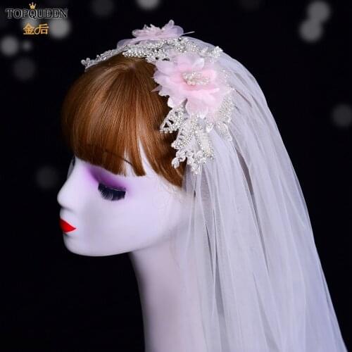 TOPQUEEN VS498 3d Flowers Wedding Veil Color Veil of the Bride Pink Veil with Artificial Flowers Real Photos One Layer Pearl VEU