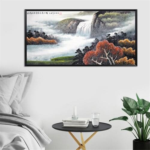 Autumn Art Print Landscape Chinese Oil Painting Waterfall Tree Mountain Home Decoration Cavnas Wall Picture For Living Room