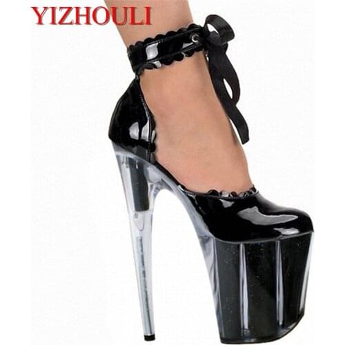 Sexy 20cm Women Office Transparent High Heels 8 Inch Ribbon Lace Wedding Shoes Stiletto With Platform Single Shoes