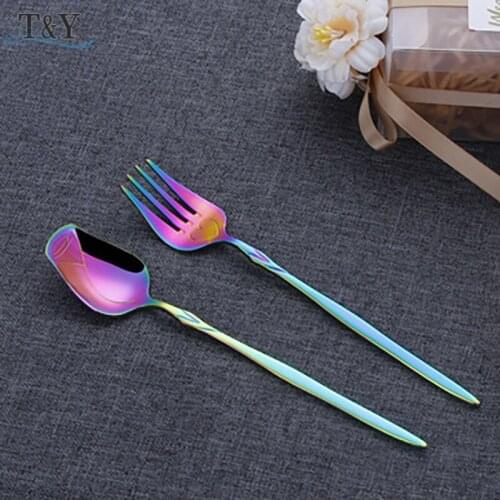 T&Y Set of 2, Unique Design Rainbow Stainless Steel Rose Shape Teaspoon and Heart Shaped Fork Set, Coffee Dessert Spoons Forks