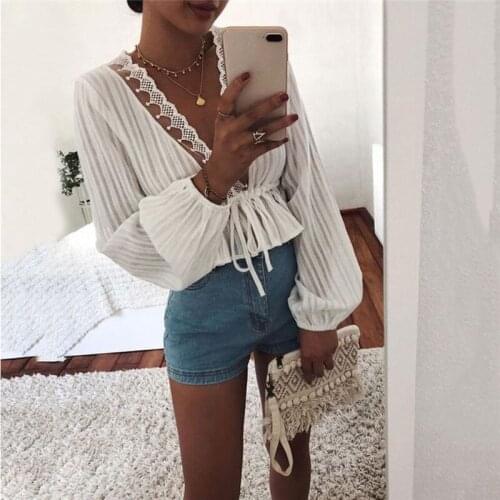 Women Vintage Deep V-Neck Long Sleeve Lace Blouse Sexy Lantern Sleeve Solid Color Lace Up Waist Tops Plus Size 2020 Hot Sale