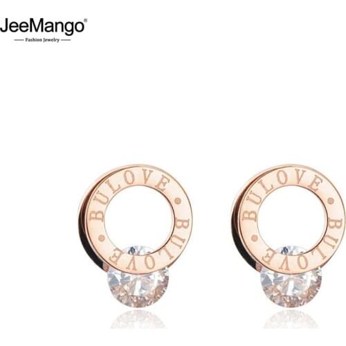 JeeMango Classic Cubic Zirconia Double Circle Stud Wedding Earrings For Women Titanium Steel Female Earrings Jewelry JE17048