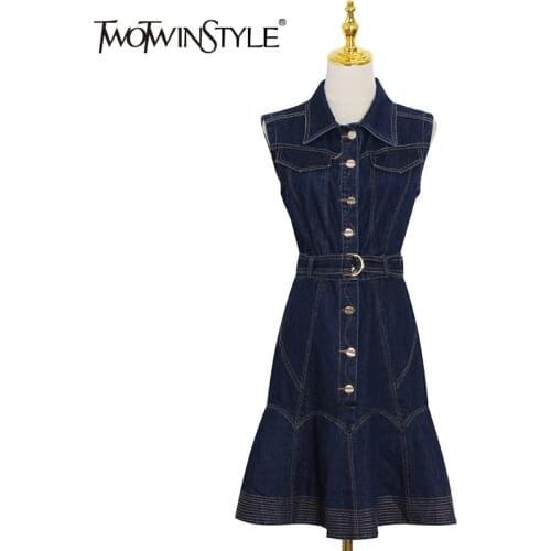 TWOTWINSTYLE Elegant Denim Dress For Women Lapel Sleeveless High Waist Sashes A Line Mid Dresses Female 2021 Summer Clothing New