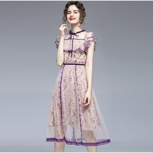 High Quality 2020 Women Floral Lace-up Ruffles Dress Butterfly Sleeve Hollow Out Vestidos Stitching Mesh Sexy Translucent Dress