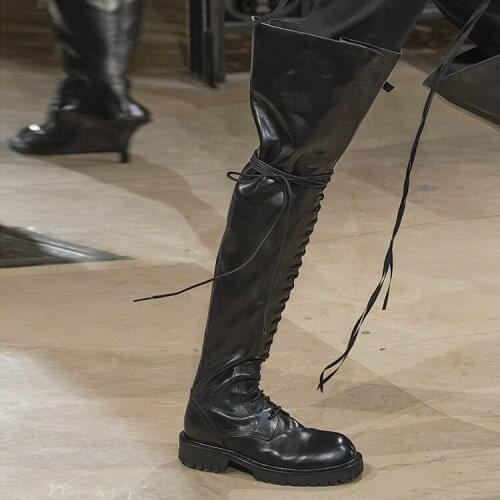 Winter Runway Cow Leather Bandage Thigh Boots Martin Boots Low Heels Knight Boots Font Lace up Ladies Spring over the Knee Boots