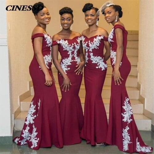 2021 Burgundy African Bridesmaid Dresses Plus Size Off The Shoulder White Lace Mermaid Wedding Guest Dress Cheap