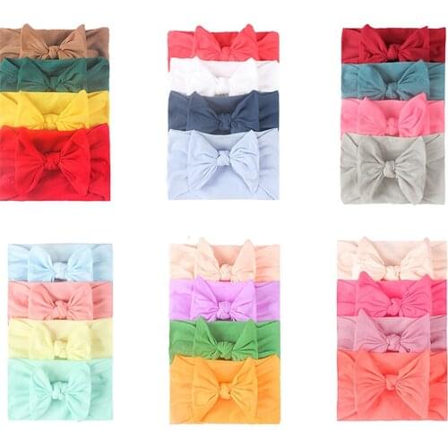 4pcs/lot 15*9 CM Infant Comfortable Soft Nylon Hairband Solid Color Handmade Bowknot Elastic Wide Headband Kids Birthday Gifts