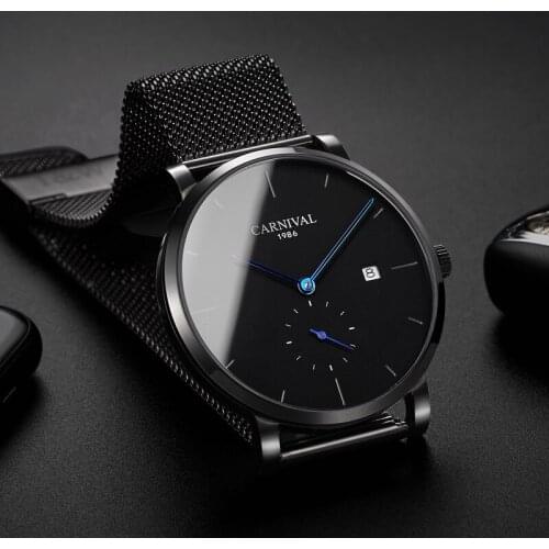 Montre homme CARNIVAL Simple Mechanical Watch Men Sapphire Calendar Waterproof 316L Mesh Strap Small Second Dial Watch Automatic
