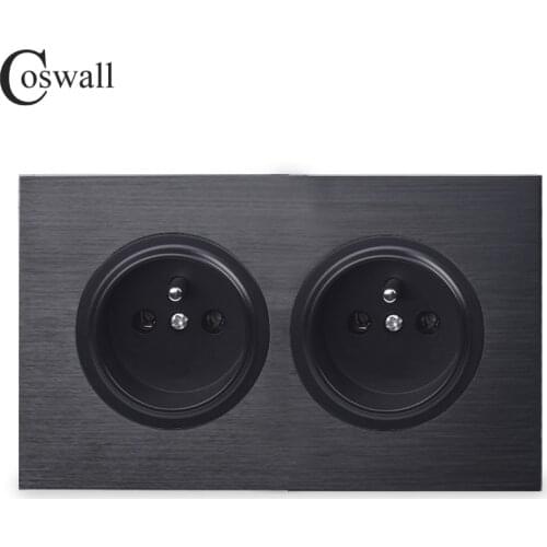 Coswall Black / Silver Gray Aluminum Panel Double French Polish Wall Socket Grounded With Children Protective Door