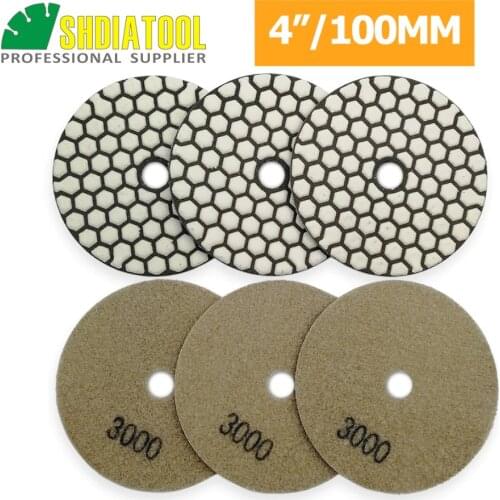 SHDIATOOL 6pcs 4"/100mm Grit #3000 Diamond Dry Flexible Polishing Pad Marble Granite Sanding Disk Resin Bond Polisher Disc