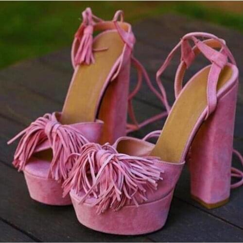 Elegant Pink Suede Fringe Chunky Heels Sandals Open Toe High Platform Square Heels Dress Shoes Lace-up Tassels Sandals