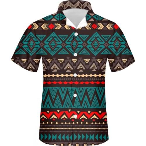 FORUDESIGNS Teal And Brown Aztec Pattern Male Shirt Fashion Summer Beach Boy Button Clothing Oversize Men Fashion Blouse