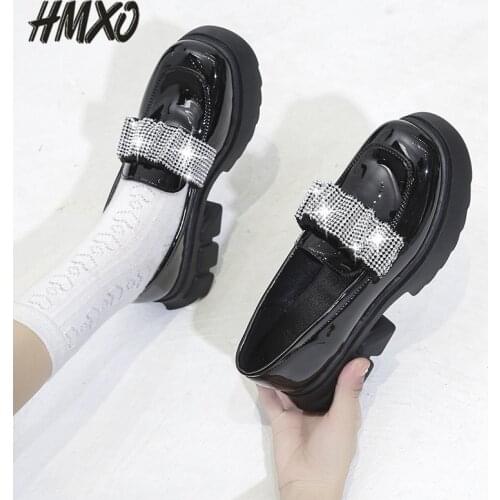 HMXO Hottie British Leather Shoes Round Toe Comfortable Breathable Rhinestone Loafers Doll Shoes Lazy Jk Mary Jane Women Shoes