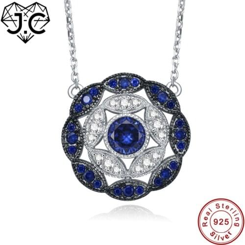 J.C for Women Men Necklace Excellent Round Cut Sapphire Blue & White Topaz Solid 925 Sterling Silver Pendant Ladys Fine Jewelry