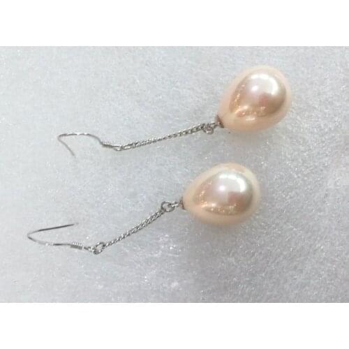 Classic Natural South Sea Shell Pearl 12x16mm light pink WaterDrop beads silver chain dangle hook Earrings Jewelry Woman