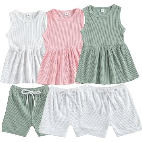 2 Pieces Kids Suit Set, Girls Solid Color Ribbed O-Neck Sleeveless Tops+ Short Pants for Summer, 2-7 Years