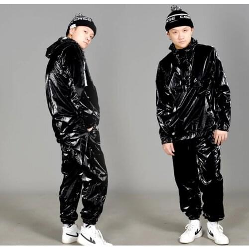Long-Sleeved Hip Hop Clothes Shows Suit Bright Silver/Gold/Black Hoodies Pants Street Dancing Outfits Team Stage Costume
