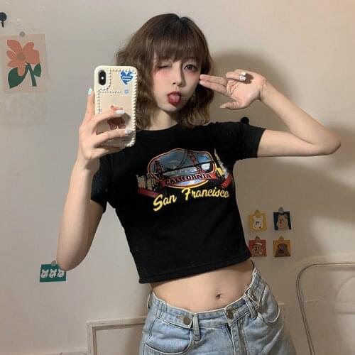 Summer letter T Shirts Women Short Sleeve Short Tops Crop Tops Ladies Casual Tops Tees Female Shirts Black Harajuku y2k cotton