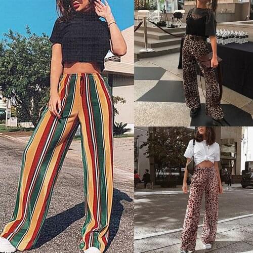 Kili Womens Fashion Leopard Print Rainbow Print Loose Casual Wide Leg Pants Long Pants