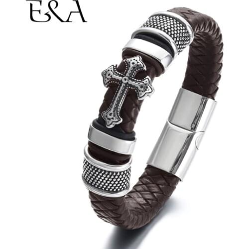 Mens Genuine Leather Bracelet Braided 316L Stainless Steel Magnet Clasp Cross Charms Woven Bracelets Trendy Male Bangle Jewelry