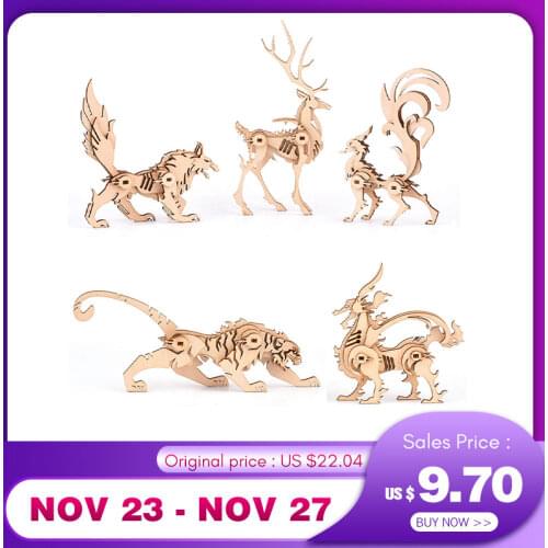 5Pcs Wooden DIY Animal Puzzle Model Kit Assembly Woodcrafts for Home Decor Elk Nine-tailed Fox Tiger Dragon Wild Wolf