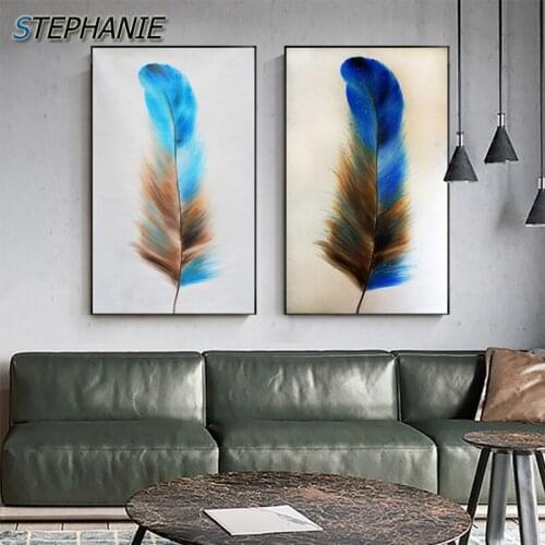 Nordic Blue Wings Feather Wall Art Abstract Canvas Painting Big Poster and Print for Living Room Hotel Plakaty I Druki Do Salonu
