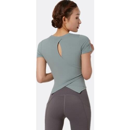 2021 Summer New Back Cross Patchwork Sports Short-Sleeve T Shirts Womens Outdoor Running Quick Dry Fitness Slim Yoga Tops