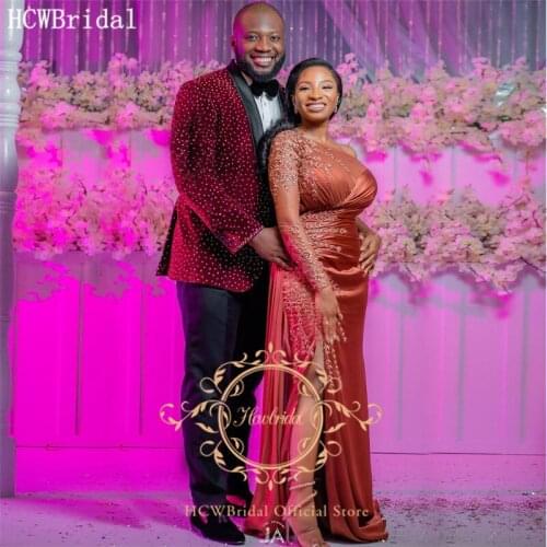 New One Shoulder Mermaid African Evening Dress Bead Lace Long Sleeve Prom Gown With Slit Plus Size Women Formal Dresses Party