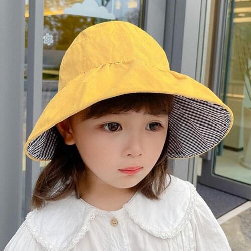 2021 New Simple Solid Color Kids Sun Hats Bucket Hat Wide Brim Design Anti-UV Foldable Children Summer Fisherman Hat for Travel