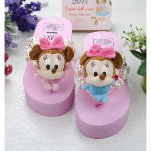 Disney Girl Cute Minnie Handmade Slippers Pearl Jewel Flip-Flops Beach Slope Shoes
